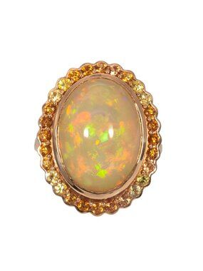 11Ct Ethiopian Opal and Sapphire Ring in Solid 14K Rose Gold